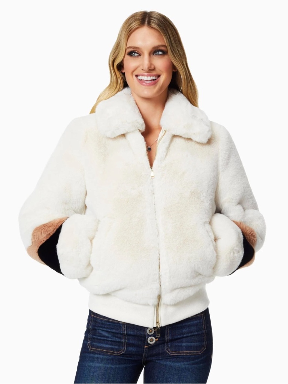 RAMY BROOK Olivia Color Block Faux Fur Teddy Jacket Coat Snow Bunny - Picture 3 of 8